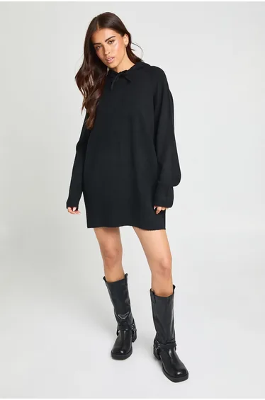 Oversized Knitted Hoody Mini Dress - black
