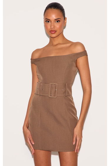 Taupe Woven Off Shoulder Belt Detail Mini Dress product thumbnail 3