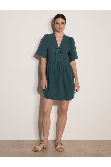 Textured Lace-Up Cotton Mini Dress