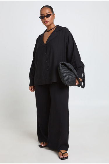 Plus Linen Look Long Sleeve Shirt - black