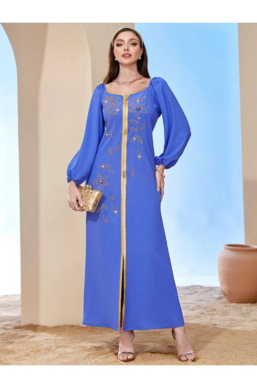 Women Blue Rhinestone Embellished Golden Trim Jalabiya