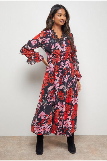 Printed Lace Detail Frill Sleeve Midi Dress