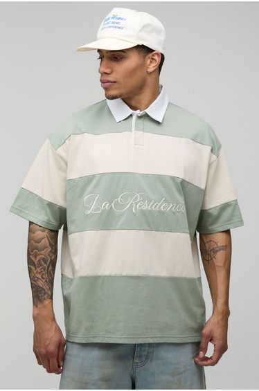 Oversized La Residence Embroidered Stripe Rugby Polo - sage