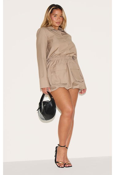 Shape Mocha Button Front Puffball Cargo Shirt Dress