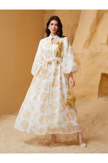 Embroidered Belted Detail Balloon Sleeves Jalabiya
