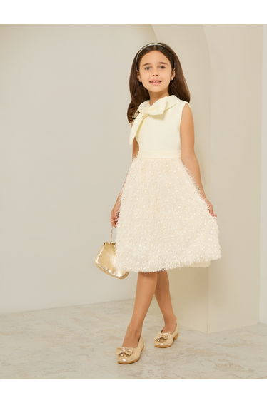 Girls Cream Textured Fringed Detail Dress