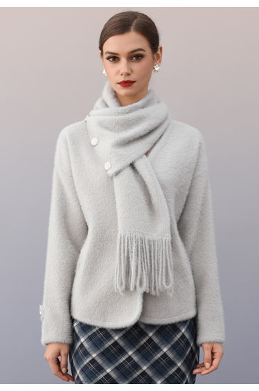 Enamel Crest Buttoned Fuzzy Knit Cardigan with Tassel Scarf in Grey