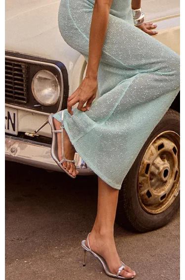 Silver Pu Round Toe Asymmetric Buckle Strap Mid Heeled Sandals