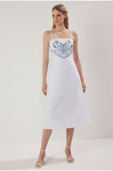 White A-Line Embroidered Midi Lined Poplin Woven Dress
