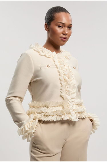Plus Size Figure Form Bandage Knit Jacket With Woven Ruffle Trim