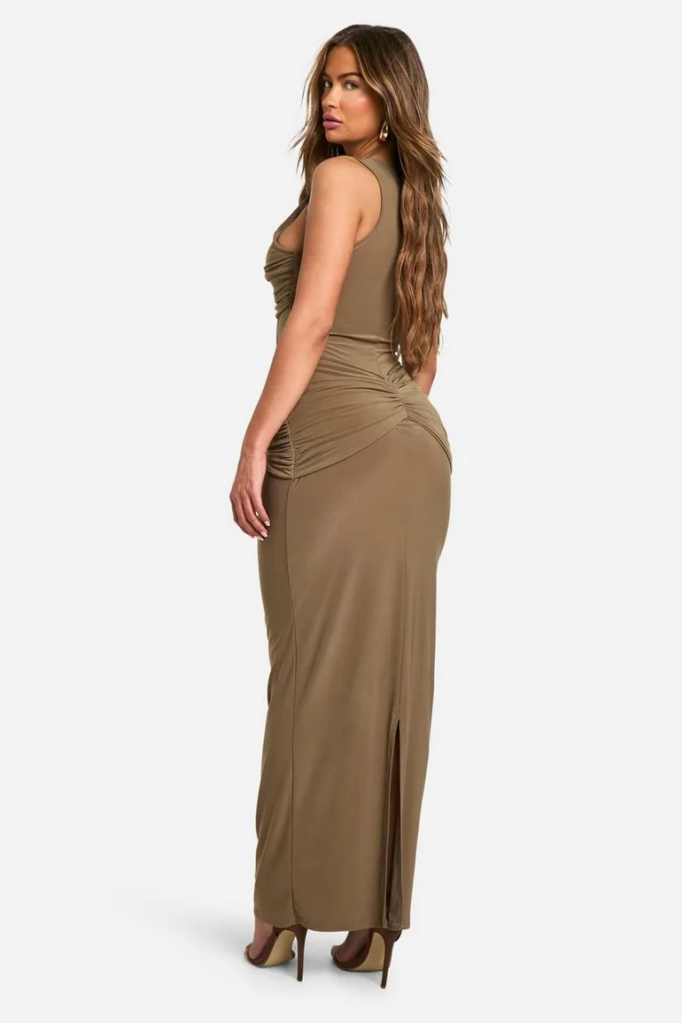 ruched twist detail racer neck maxi dress Buy Boohoo Ruched Twist Detail Racer Neck Maxi Dress In White