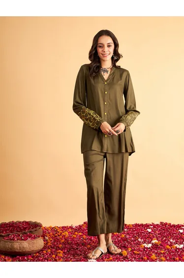 Floral Embroidered Sleeve Shirt and Pants Co-Ords