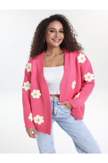 Plus Size Pink Flower Embroidery Knit Cardigan