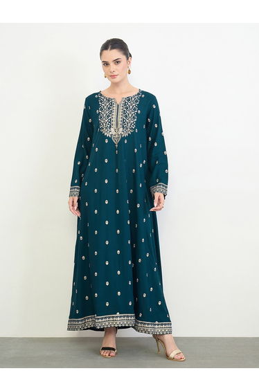 Navy Blue Border Print Long Sleeve Jalabiya