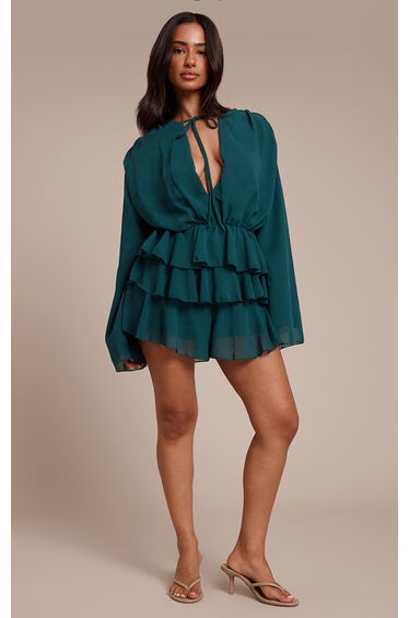 Petite Teal Ruffle Detail Long Sleeve Tie Neck Playsuit