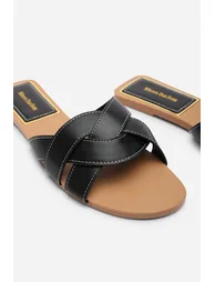 Elvira Braided Black Slide On Sandals With Contrast Stitching - 4