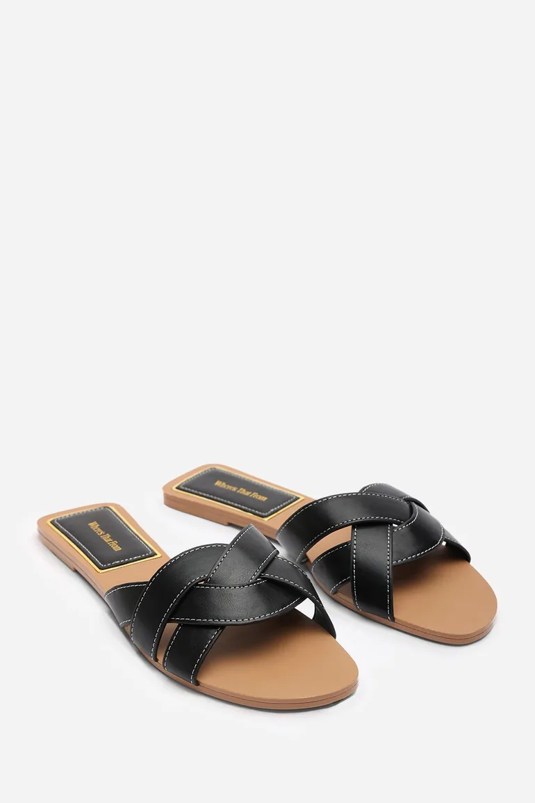 Elvira Braided Black Slide On Sandals With Contrast Stitching - 3