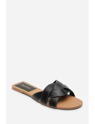 Elvira Braided Black Slide On Sandals With Contrast Stitching - 2