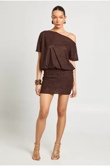 Burnout Zebra Asym Neck Blouson Top Dress - chocolate