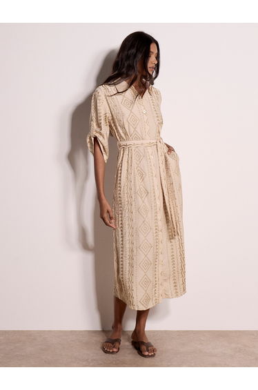 Geometric Shimmer Embroidered Shirt Midi Dress