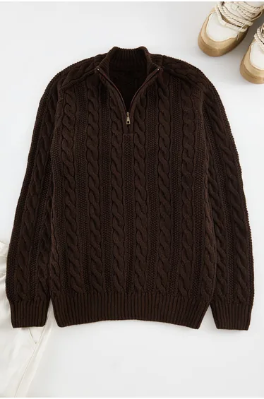 Brown Unisex Half Turtleneck Hair Knit Sweater