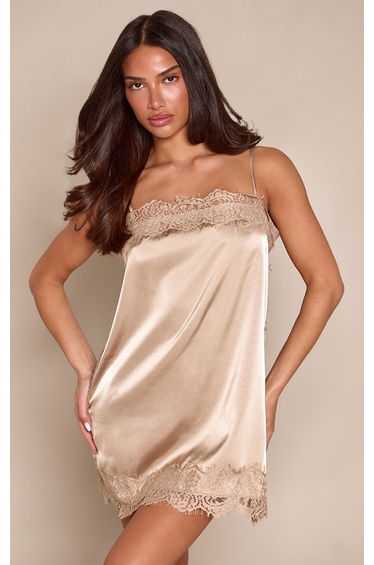 Light Mink Satin Lace Mini Shift Dress