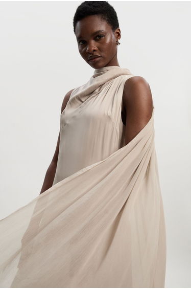 Satin Drape Georgette Cape Detail Dress