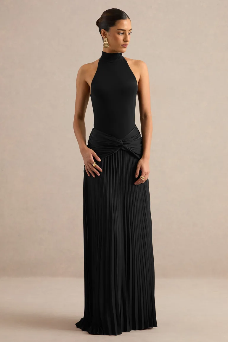 Galisse | Black Satin Maxi-Skirt With Gathered-Detailing - 3