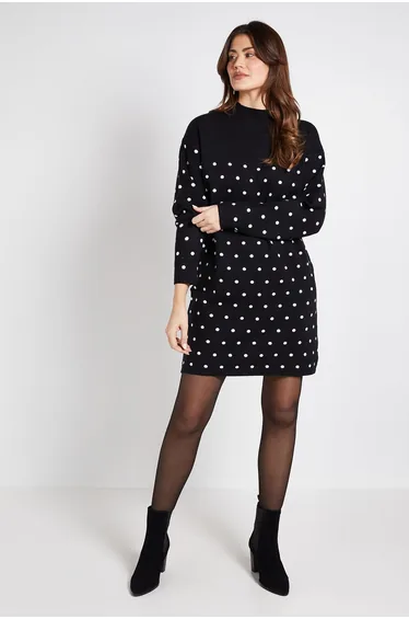 Polka Dot Knitted Funnel Neck Dress