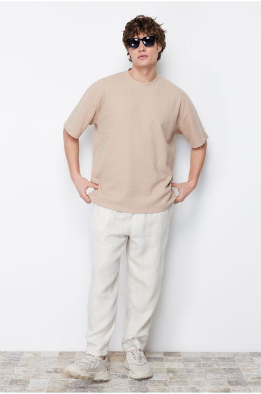 Camel Men's Oversize/Wide Cut Crew Neck Short Sleeves Basic Textured T-shirt .