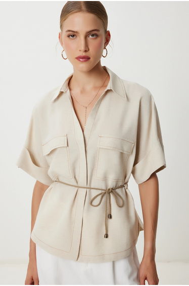 ISTANBUL Loose Fit Drawstring Shirt with Binding Detail