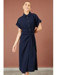Yumi Navy Wrap Tie Midi Shirt Dress - 1