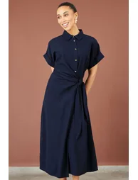 Yumi Navy Wrap Tie Midi Shirt Dress - 3