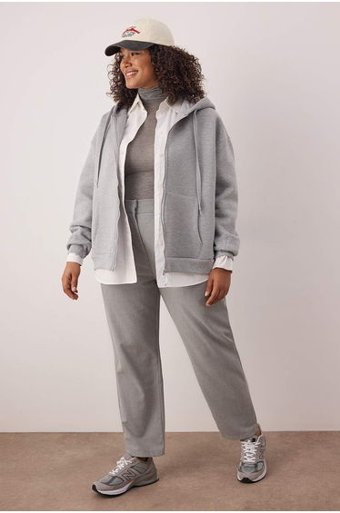 Gray melange hooded oversized knit sweatshirt with fleece lining and front zipper