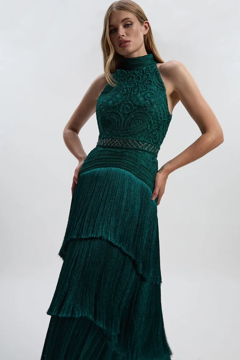 beaded fringed woven maxi dress Kimberley Sleeveless Beaded Fringe Maxi Dress