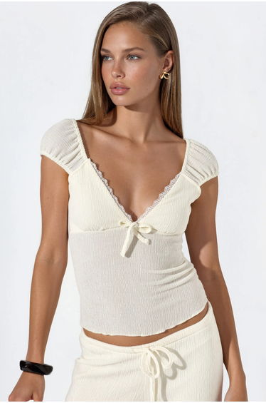 BUSEM Fitted Ribbed Crop Blouse With Tie Detail