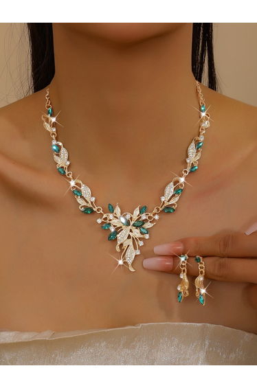 2-Piece Leaf Shape Embellished Necklace and Earrings Jewelry Set