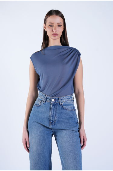 Women's Indigo Stand Collar Shoulder D Draped Transparent Blouse
