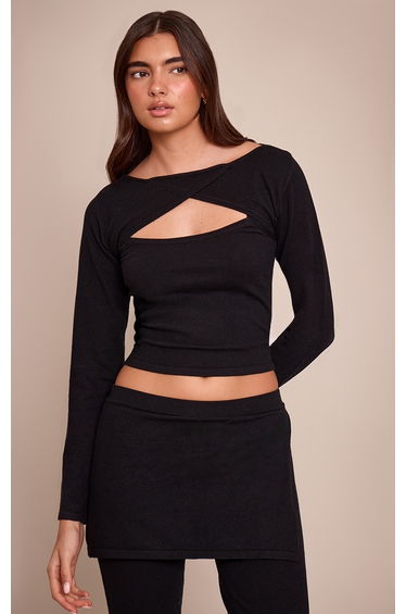 Black Fine Knit Trim Detail Wrap Cardigan