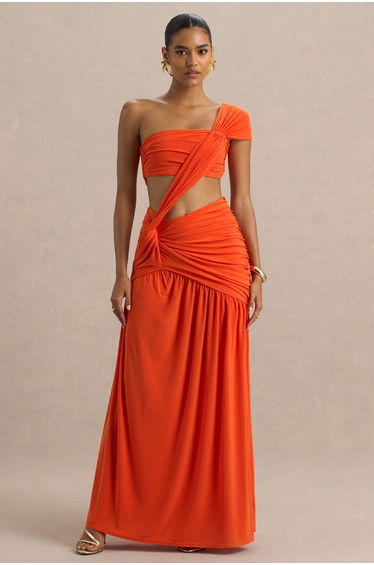 Cadiz | Orange Asymmetric Maxi Dress With Cut-Out Detail and Open-Back