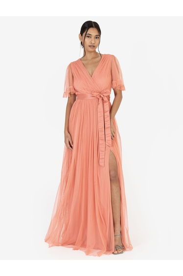 Anaya With Love Coral Faux Wrap Maxi Dress with Sash Belt
