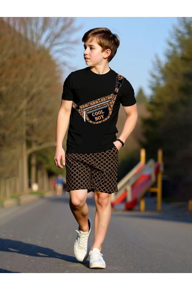 Boys Black Graphic Print T-Shirt and Shorts Set