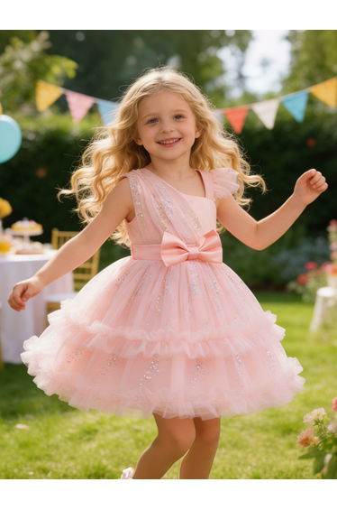 Girls Pink Embellished Ruffled Dress