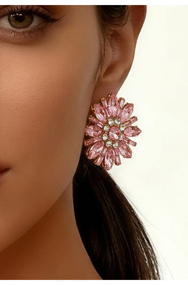 Full Rhinestones Sunflower Earrings in Pink