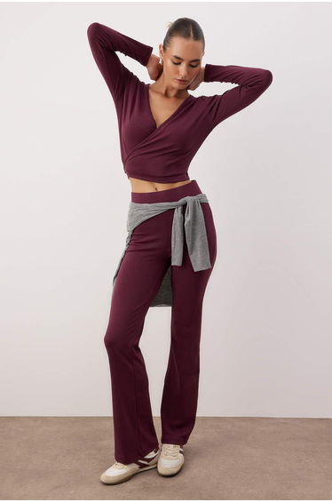 Plum double breasted closure body fitting long sleeve flexible knitted bottom-top set