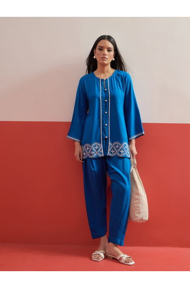 Blue Embroidered Button Down Short Kurti with Salwar Set