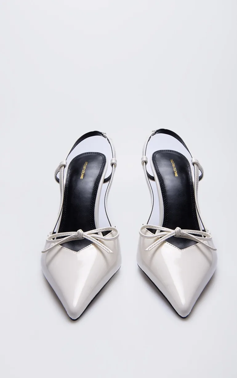 Cream PU Patent Point Toe Bow Detail Mid Heel Courts - 2
