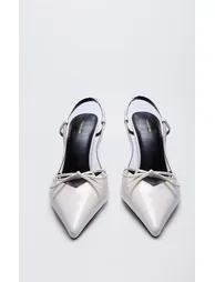 Cream PU Patent Point Toe Bow Detail Mid Heel Courts - 2