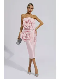 Haley Pink Floral Strapless Midi Evening Dress