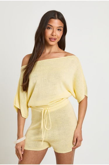 Slash Neck Lightweight Knitted Beach Cover Up - lemon